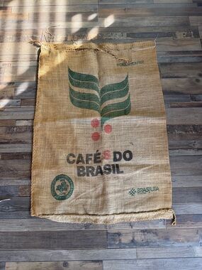 Cafés do Brasil Burlap Coffee Sack with Green & Red Print & The Roasterie Coffee